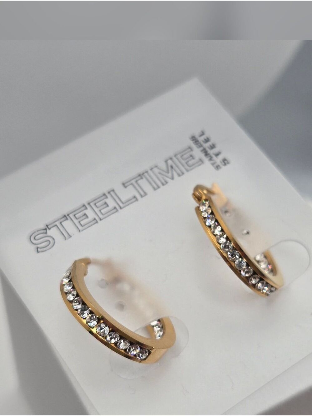 Steeltime 18K Gold Plated Stainless Steel Crystal Hoop Earrings New - Picture 15 of 15